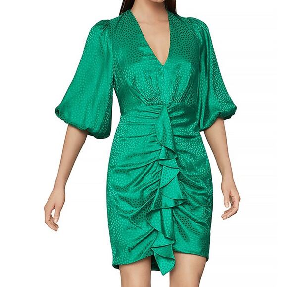 BCBGMAXAZRIA Eve Balloon Sleeve Ruffled Dress Sapphire Green 2 - Picture 1 of 13